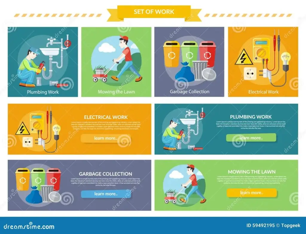 imgi 188 electrical plumbing work mowing lawn garbage sanitary works plumber wrench man moves lawnmower mows green grass near 59492195